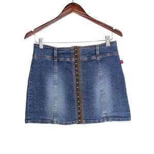 Y2K Denim Mini Jean Skirt Front Hook Closure Sz 7 Hot Kiss Cotton Spandex